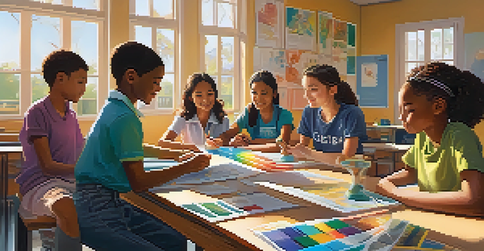 A diverse group of students working together on a science project in a brightly decorated classroom with sunlight streaming in.