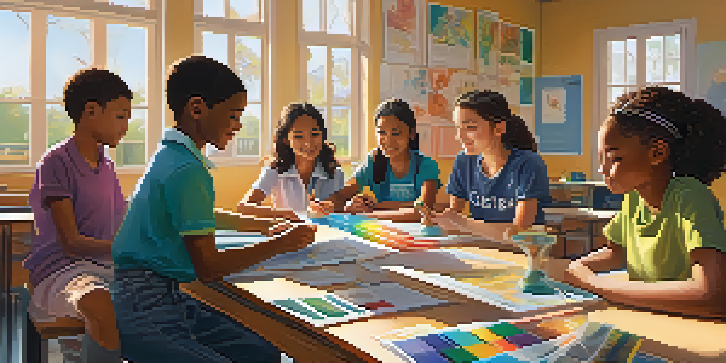 A diverse group of students working together on a science project in a brightly decorated classroom with sunlight streaming in.