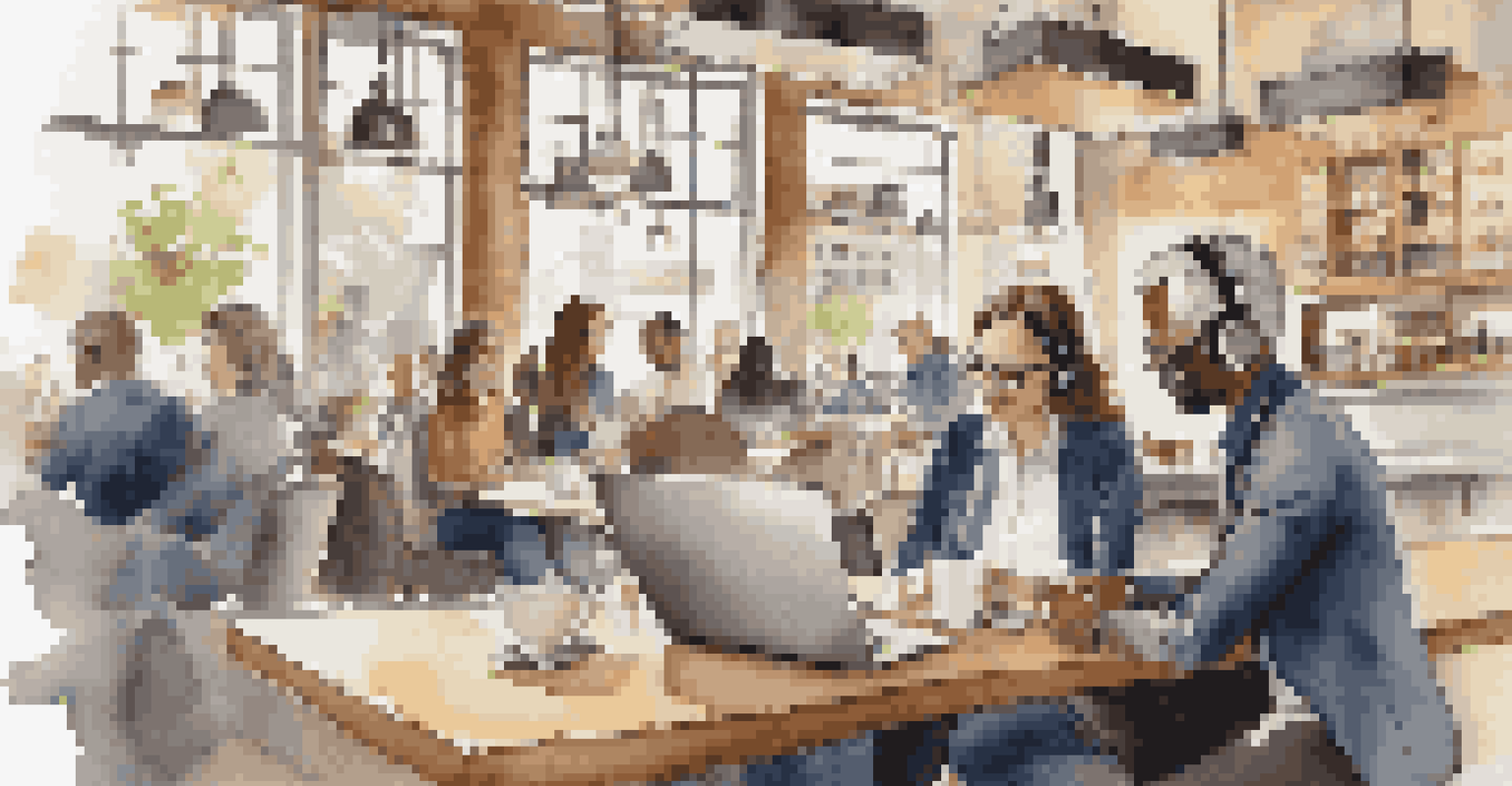 An adult professional in a busy café, learning on a laptop with headphones and a notebook.