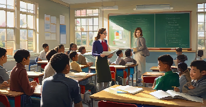 A teacher giving feedback to students in a bright classroom filled with educational materials.