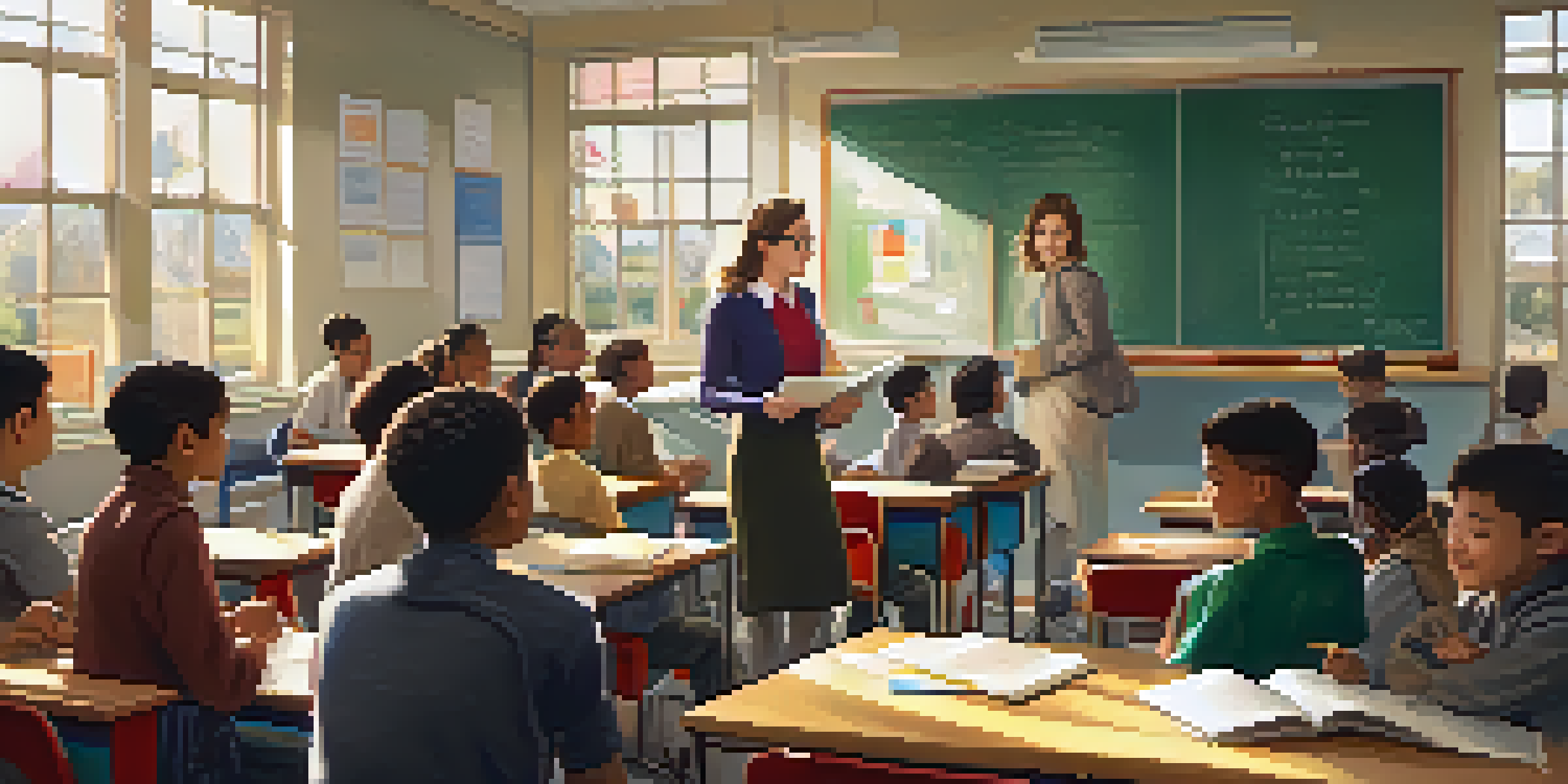 A teacher giving feedback to students in a bright classroom filled with educational materials.