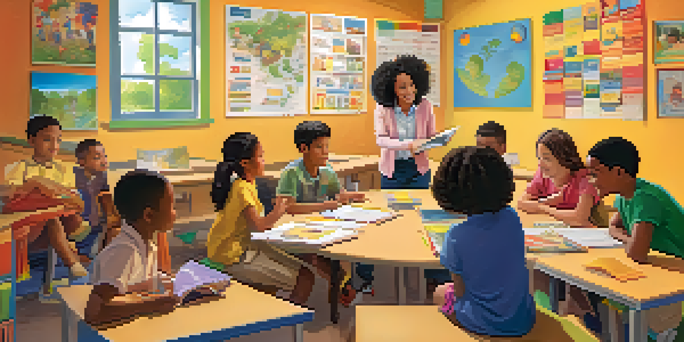 A classroom filled with children of different ethnicities working together in a circle on a project, surrounded by colorful educational materials and warm lighting.