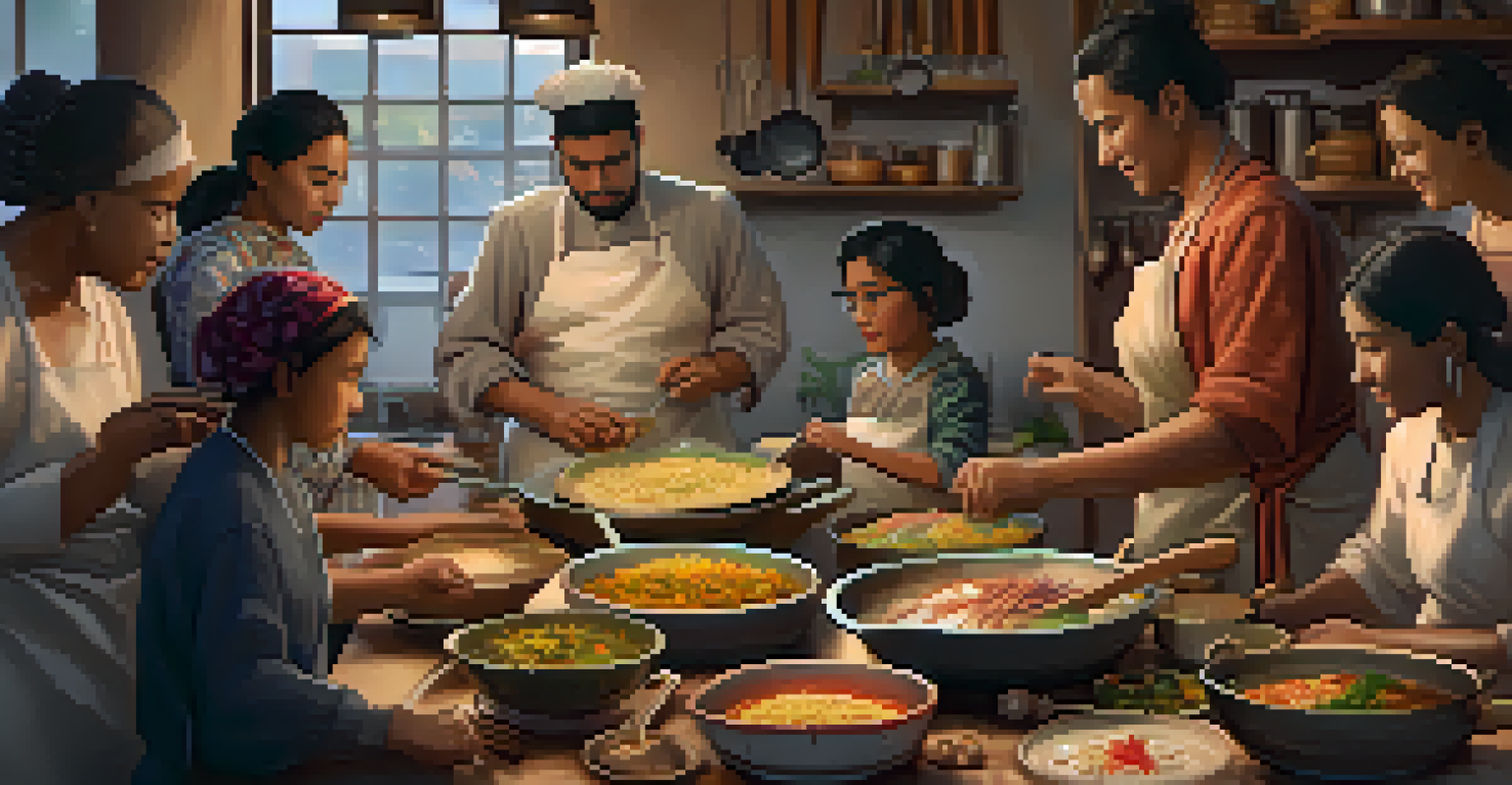 A virtual kitchen scene with people from various cultures cooking traditional dishes, surrounded by colorful ingredients.