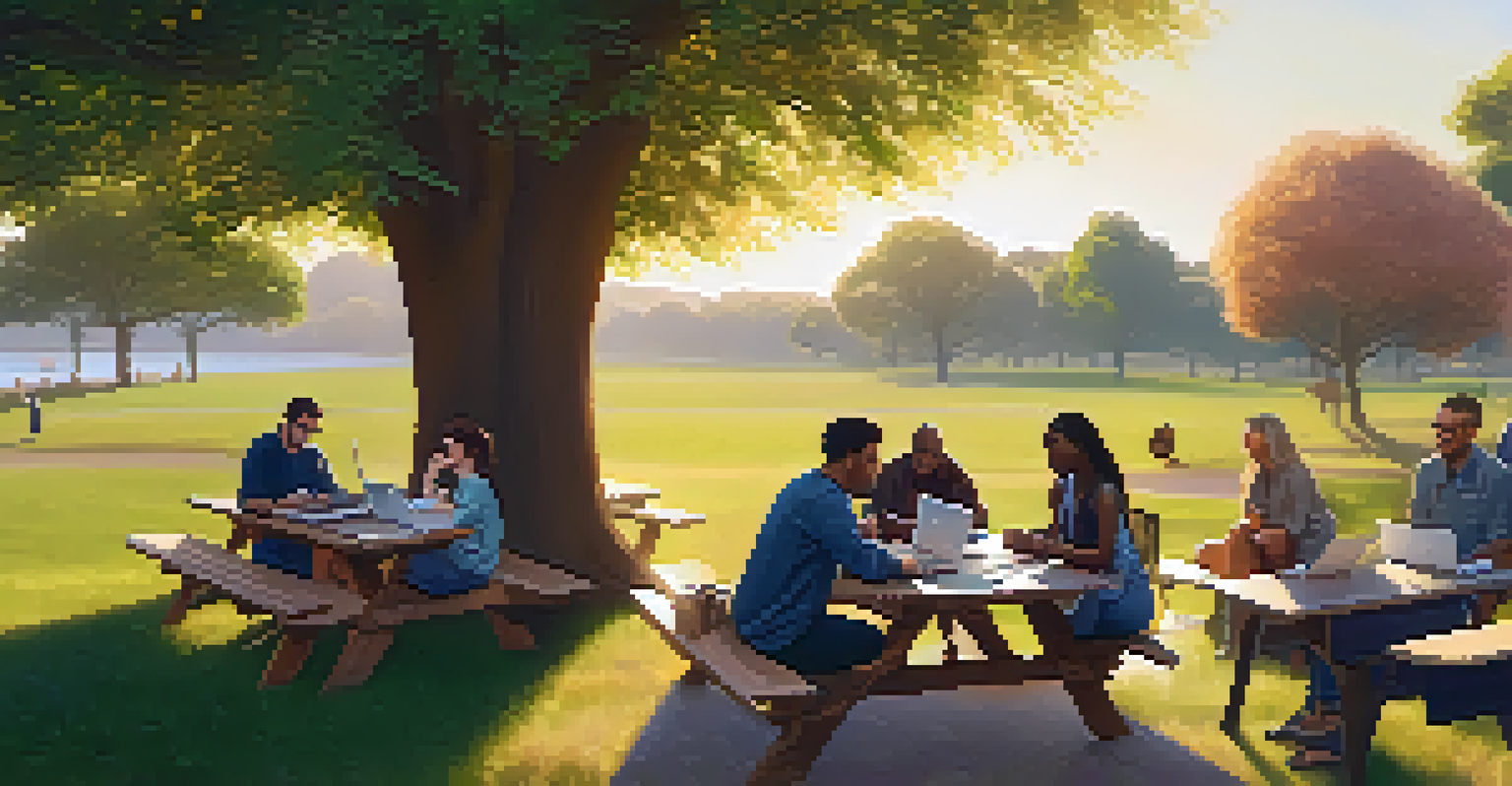 A diverse group of individuals collaborating on a project outdoors, surrounded by trees and greenery.