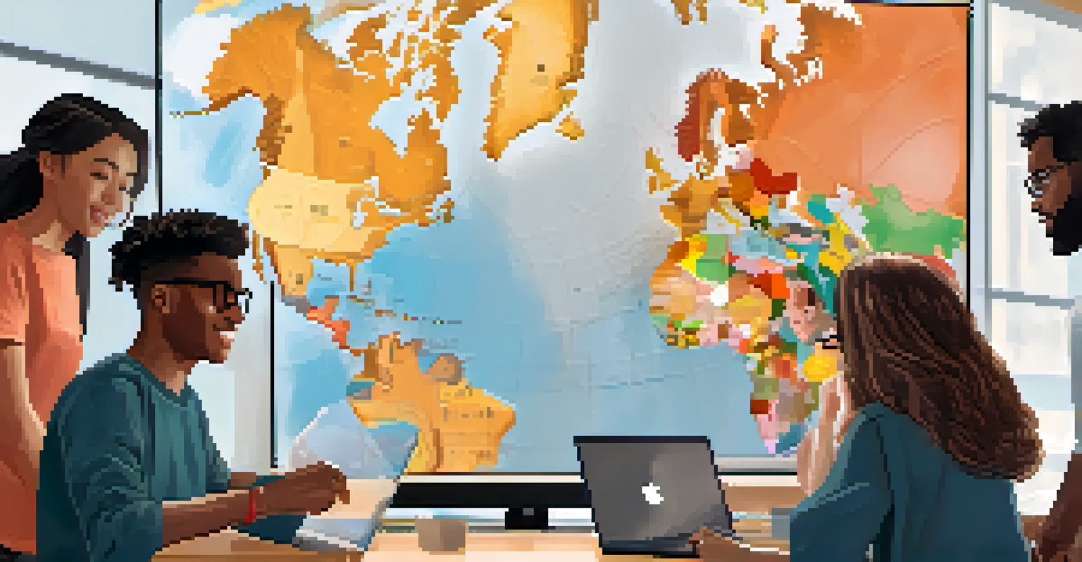 Students from various countries collaborating on a digital project via video calls, with a world map in the background.