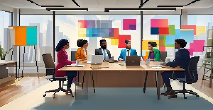 A diverse group of professionals having a virtual meeting in a bright modern workspace with laptops and colorful digital badges.