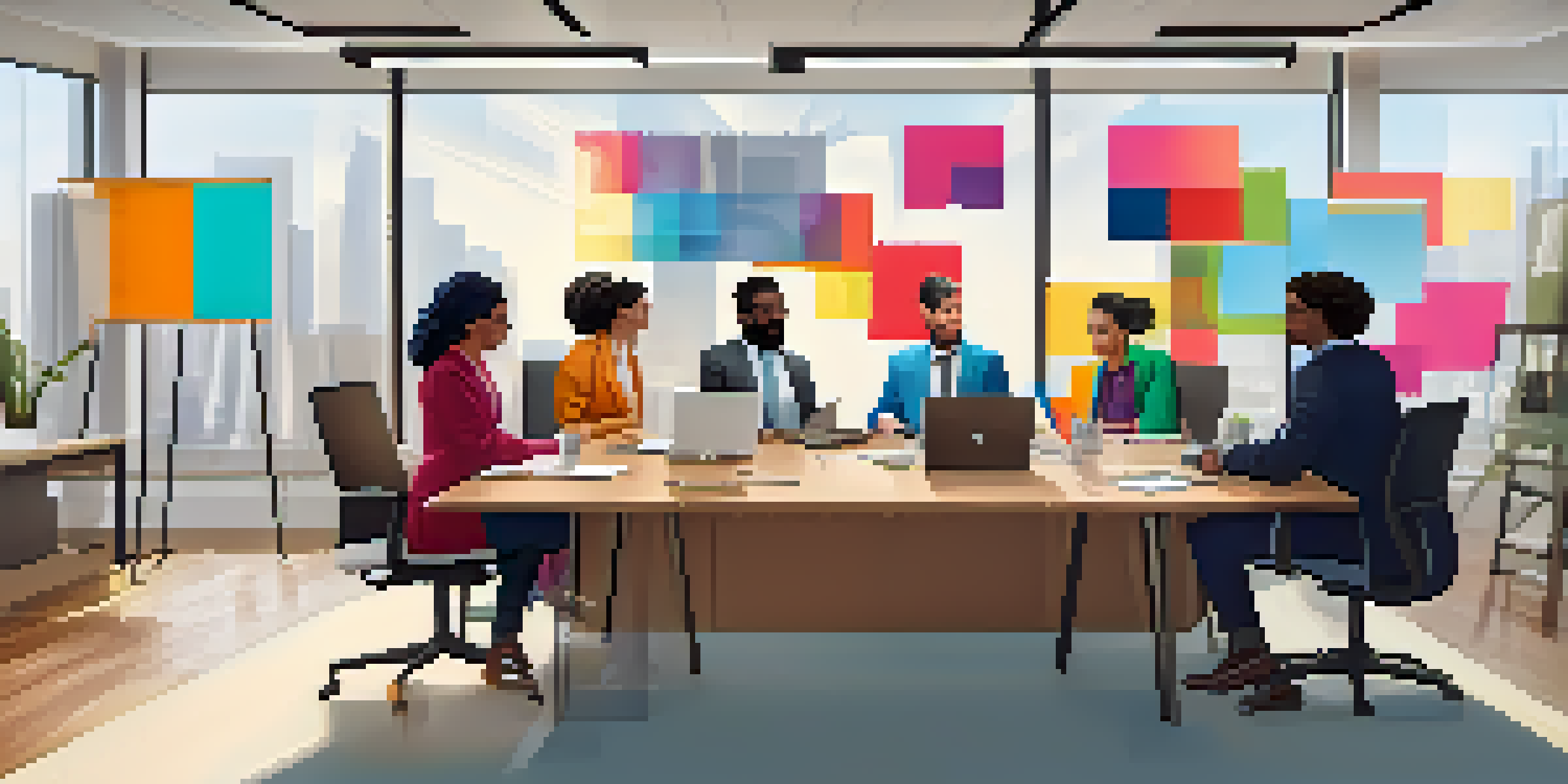 A diverse group of professionals having a virtual meeting in a bright modern workspace with laptops and colorful digital badges.