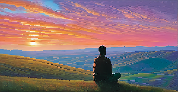 A person sitting on a hilltop, looking at a colorful sunset sky.