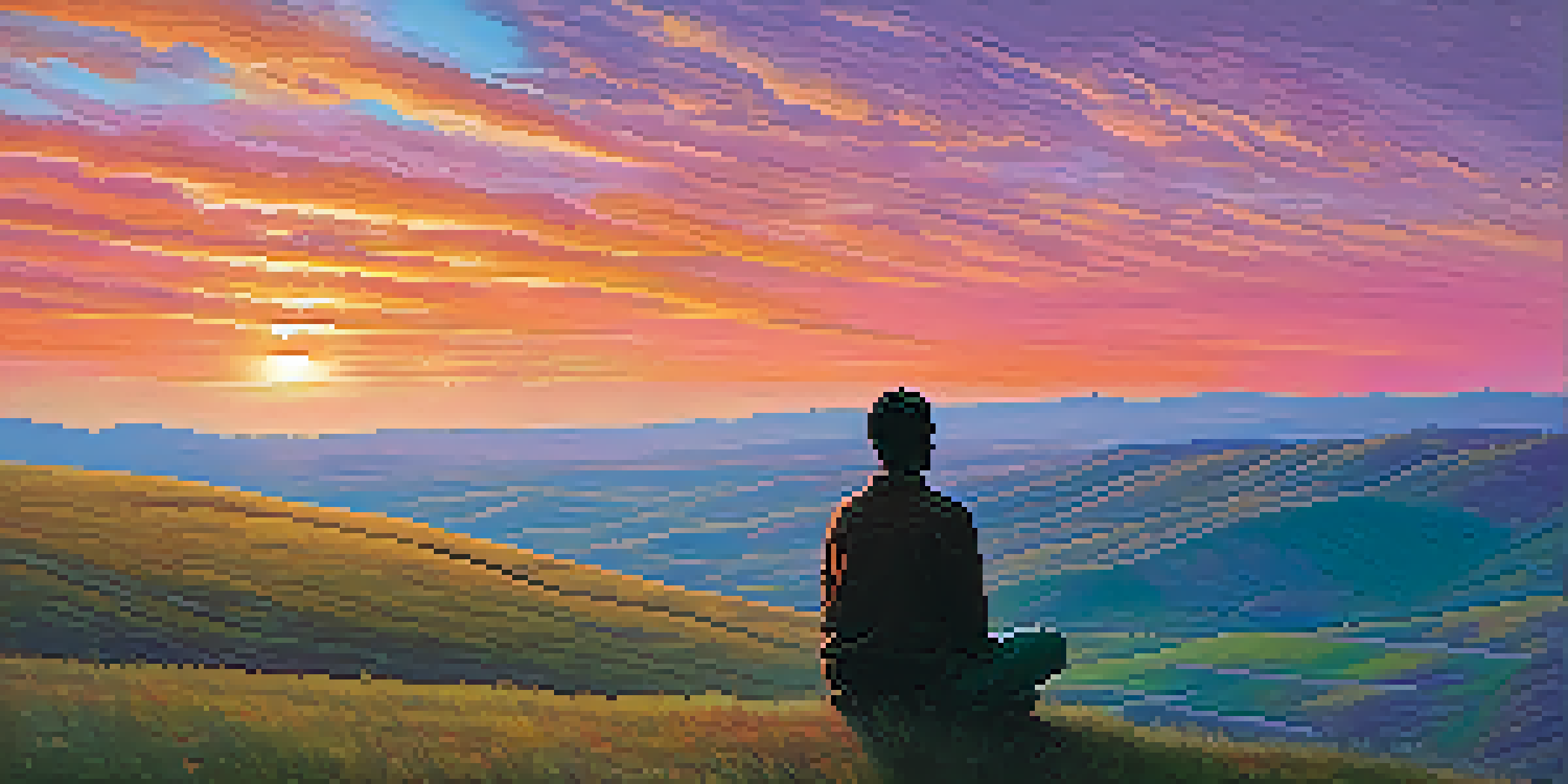 A person sitting on a hilltop, looking at a colorful sunset sky.