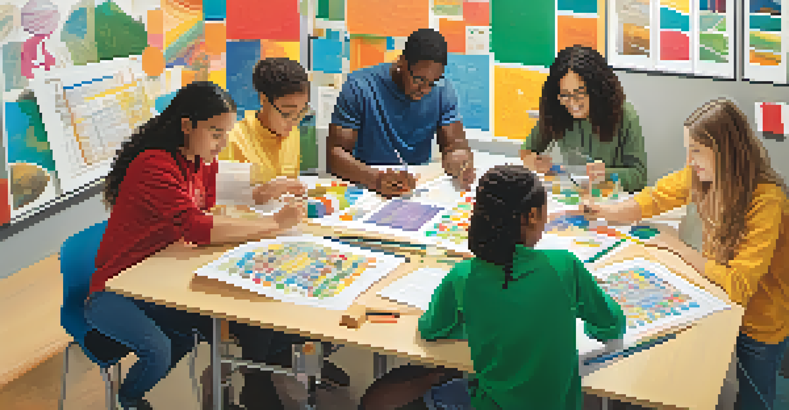 A group of diverse students collaborating on a science project, with various educational materials around them, showcasing teamwork.