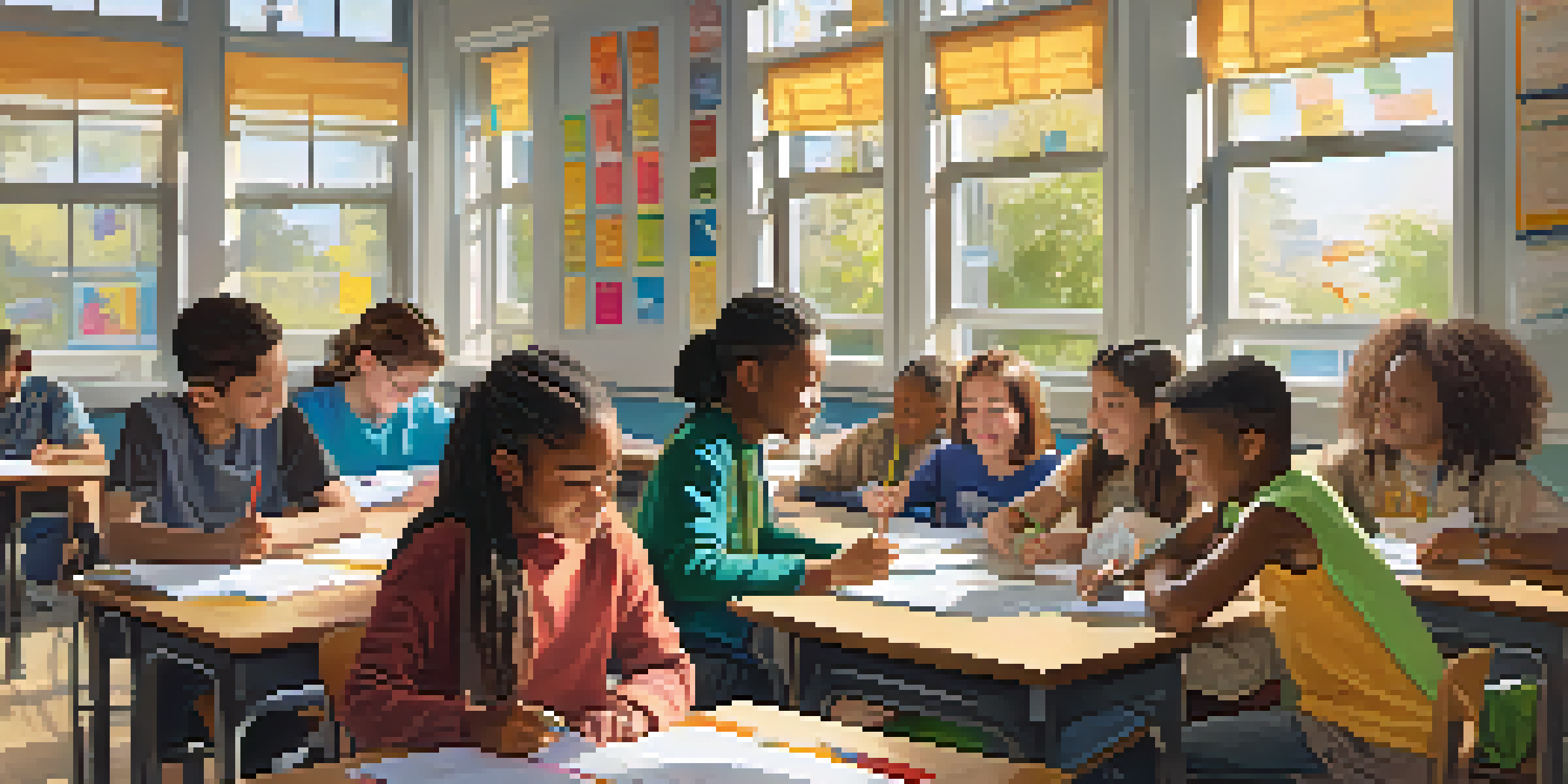 A lively classroom with students collaborating on a project, a teacher facilitating, and colorful educational posters on the walls.