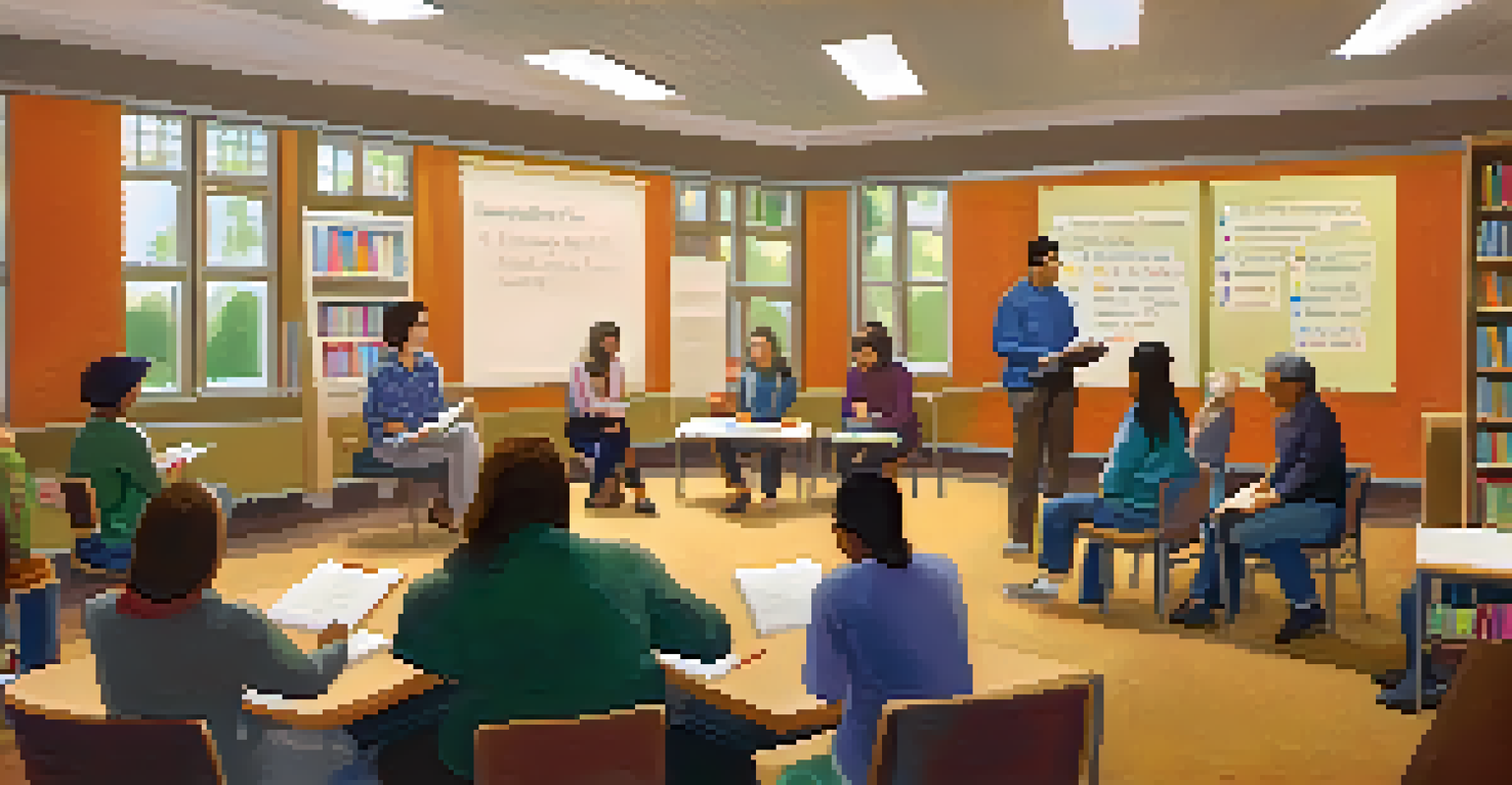 Parents and educators in a workshop setting, discussing student-centered learning concepts in a cozy library.