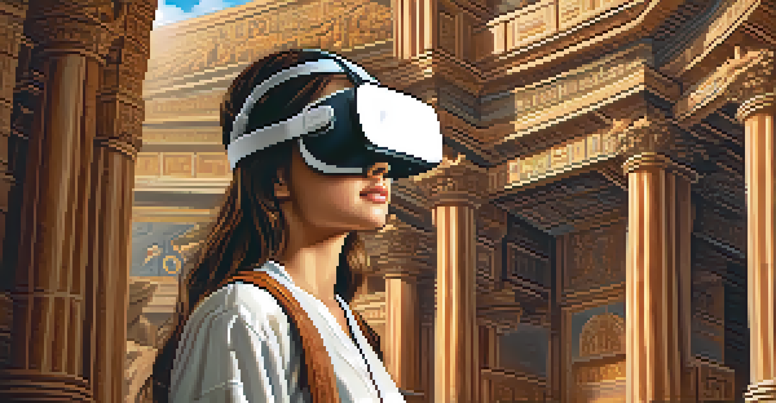 A student wearing VR goggles exploring an ancient civilization, surrounded by detailed historical architecture and landscapes, highlighting immersive learning.