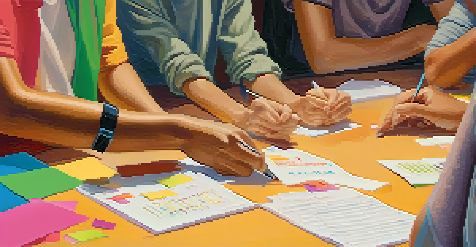 Hands exchanging feedback on sticky notes with students discussing in the background of a cozy learning environment.