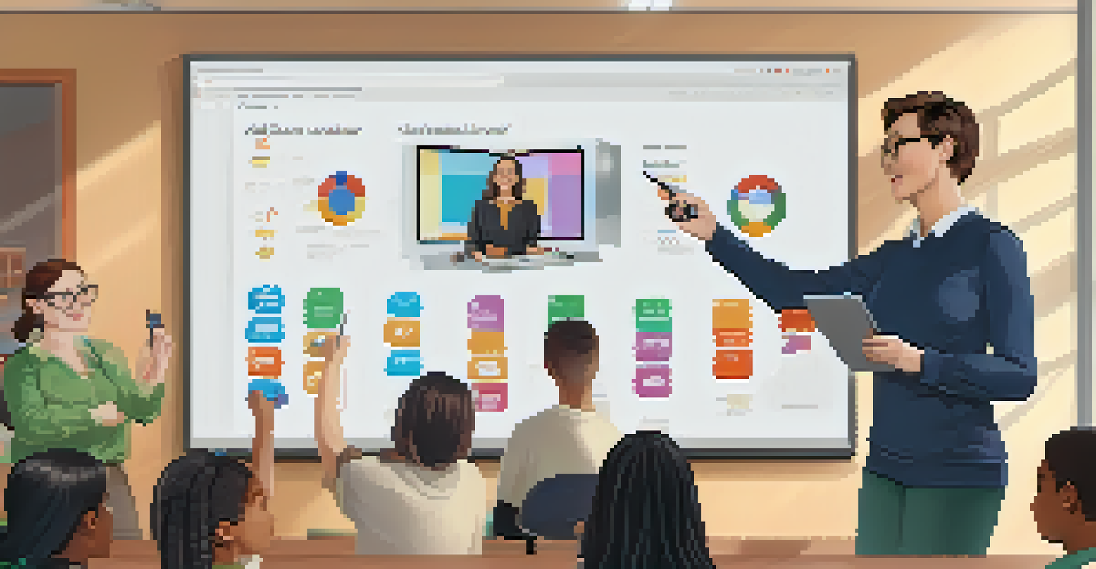 A teacher leading a virtual class with a touchscreen display, engaging with remote students in a technology-equipped classroom.
