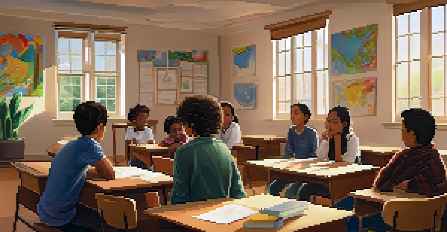 Students sitting in a circle sharing their feelings in a cozy classroom, with a supportive teacher guiding the discussion.