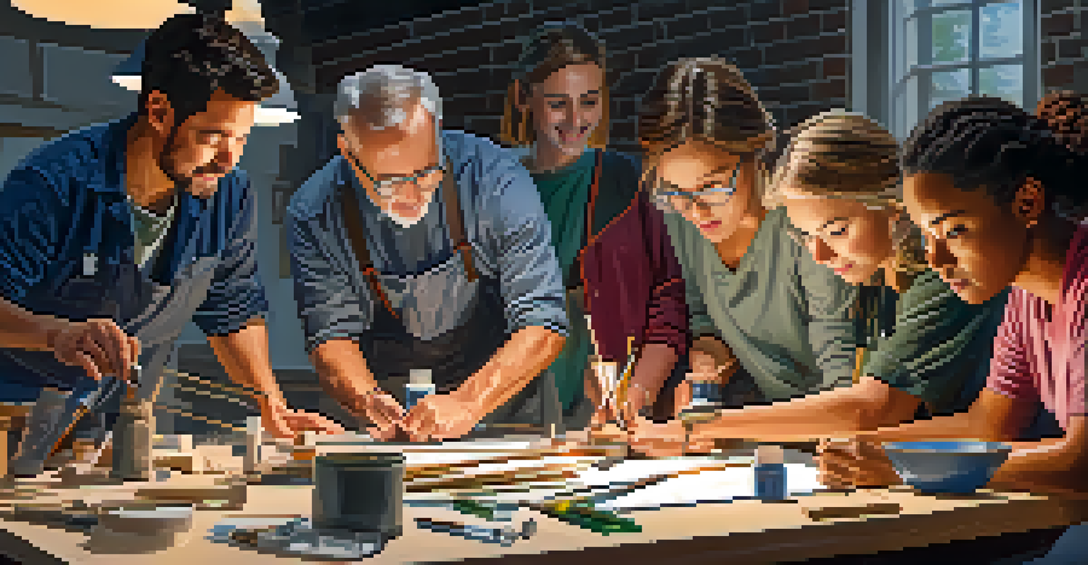 A group of adults collaborating in a hands-on workshop, surrounded by tools and materials, illustrating teamwork and creativity.