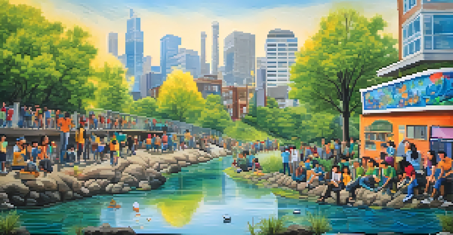 Students painting a vibrant mural about pollution impacts on nature, set in an urban environment with buildings in the background.