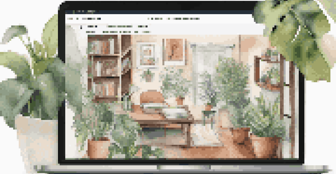A laptop displaying a colorful digital portfolio in a cozy workspace, surrounded by plants and books, illuminated by warm natural light.