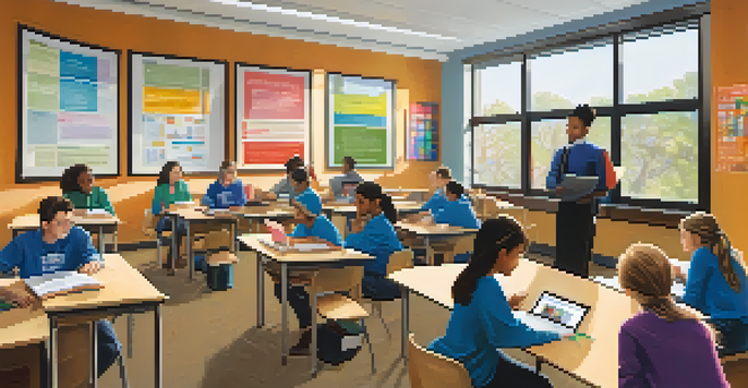 A bright and modern classroom with students using laptops and engaging in discussion with their teacher.