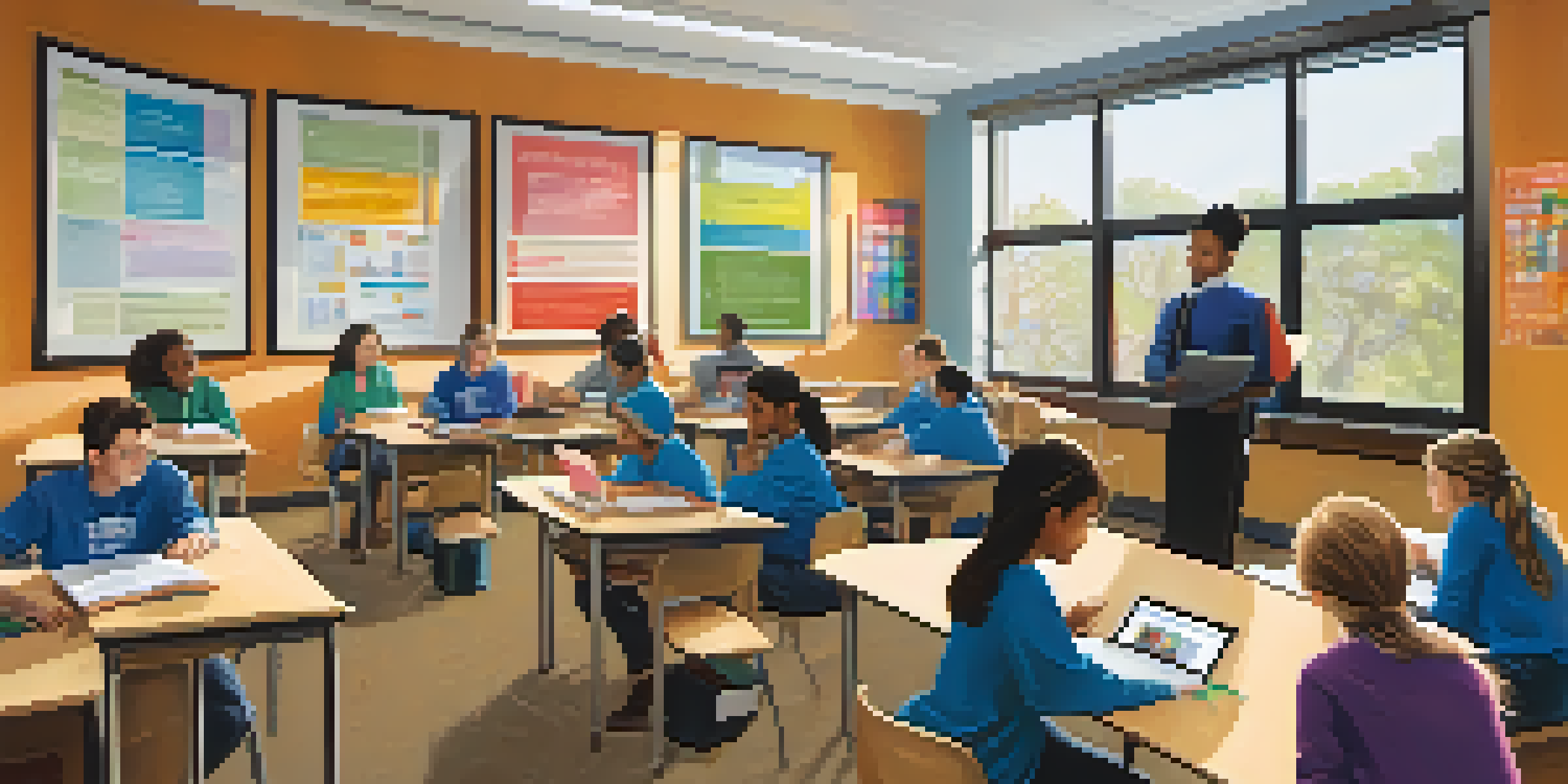 A bright and modern classroom with students using laptops and engaging in discussion with their teacher.