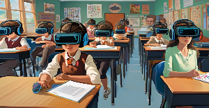 Students in a bright classroom wearing virtual reality headsets, engaged in learning and discussing their experiences.