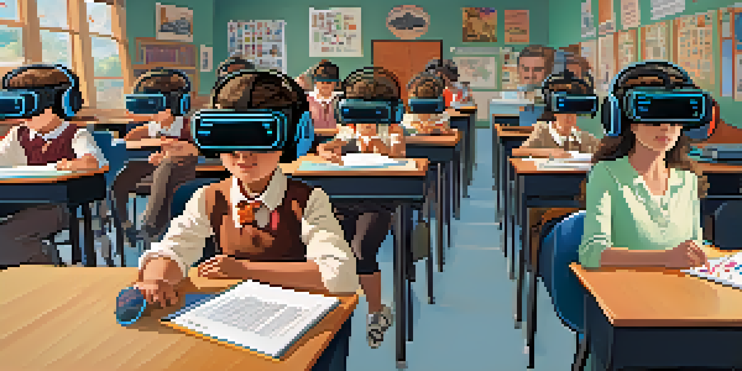 Students in a bright classroom wearing virtual reality headsets, engaged in learning and discussing their experiences.