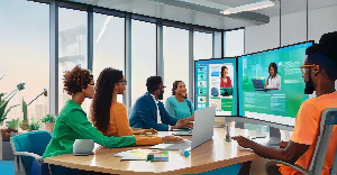 A group of diverse professionals participating in an online meeting, using various digital tools in a modern office setting.