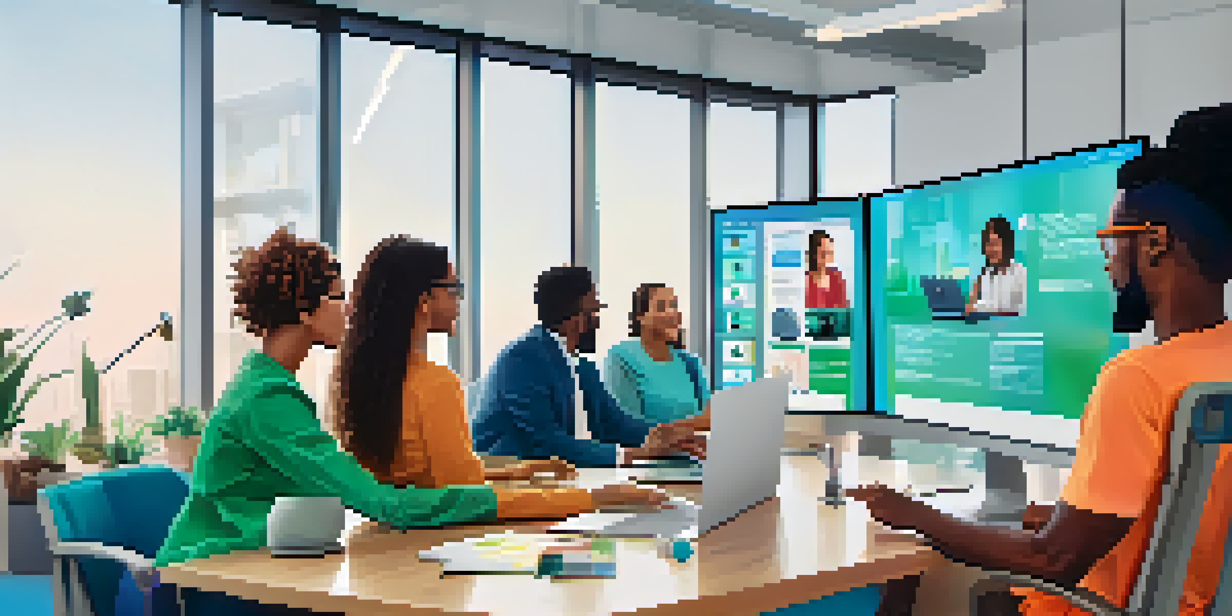 A group of diverse professionals participating in an online meeting, using various digital tools in a modern office setting.