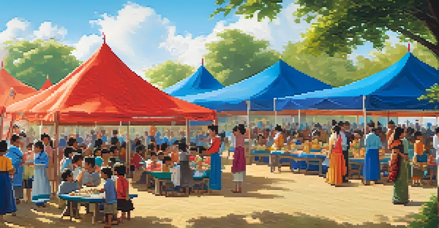Families enjoying a cultural event at a school, with colorful tents and children playing games in a sunny outdoor setting.