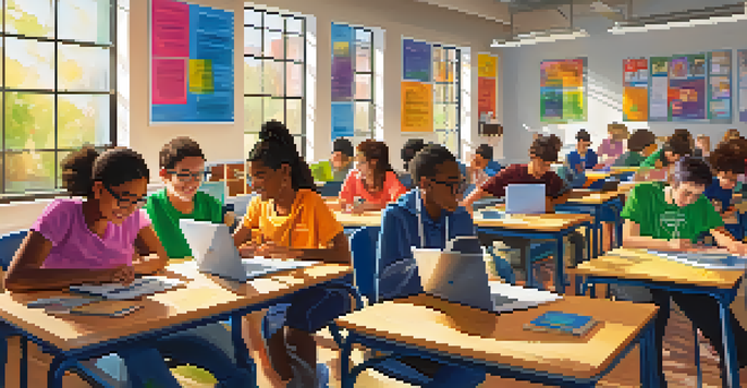 A classroom with diverse students working on laptops to create digital portfolios, with colorful posters on the walls and sunlight illuminating the scene.
