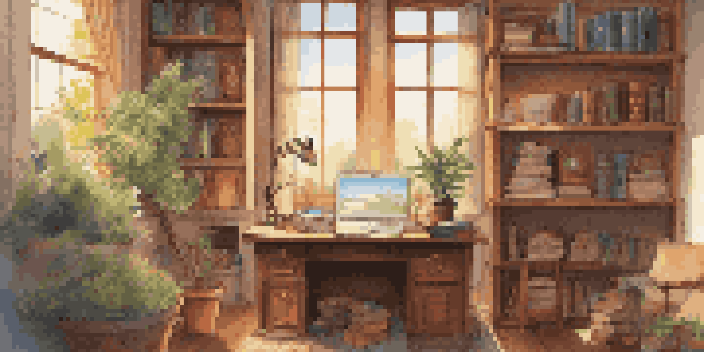 A warm and inviting study room filled with language learning materials and cultural artifacts, illuminated by sunlight from a large window.