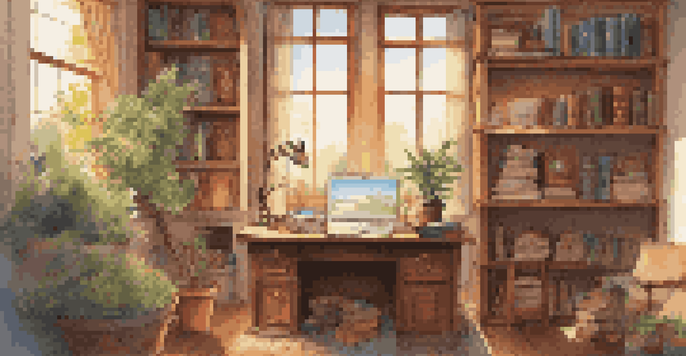 A warm and inviting study room filled with language learning materials and cultural artifacts, illuminated by sunlight from a large window.