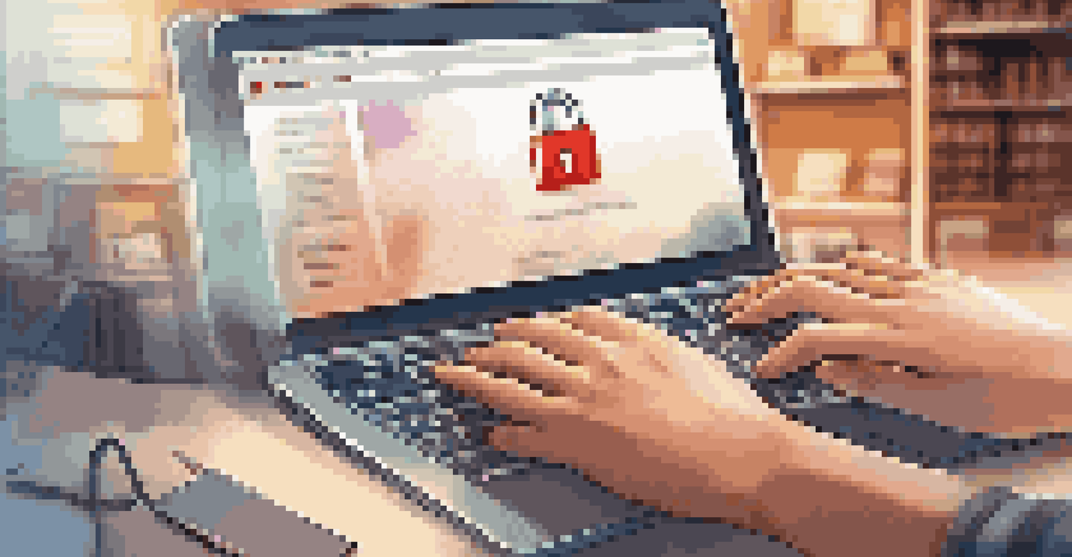 Close-up of hands typing on a laptop with a digital padlock icon on the screen, symbolizing data protection in an educational setting.