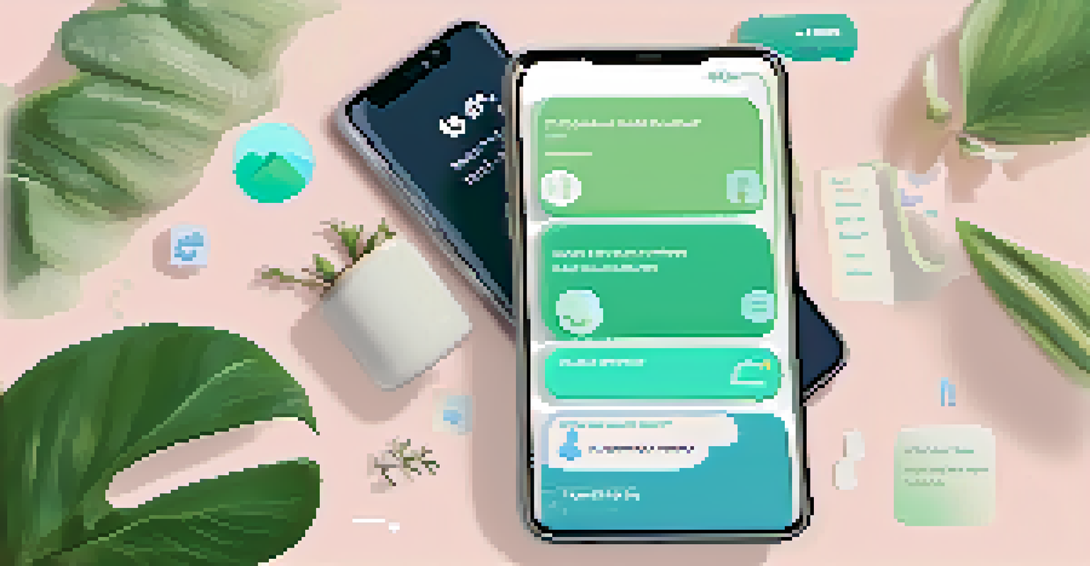 A smartphone displaying a mental health app with supportive messages, set in a cozy environment with a plant and a cup of tea, emphasizing comfort and safety.