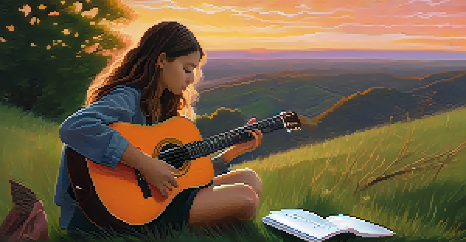 A student sitting on a grassy hill with a guitar and notebook, composing music during a sunset.