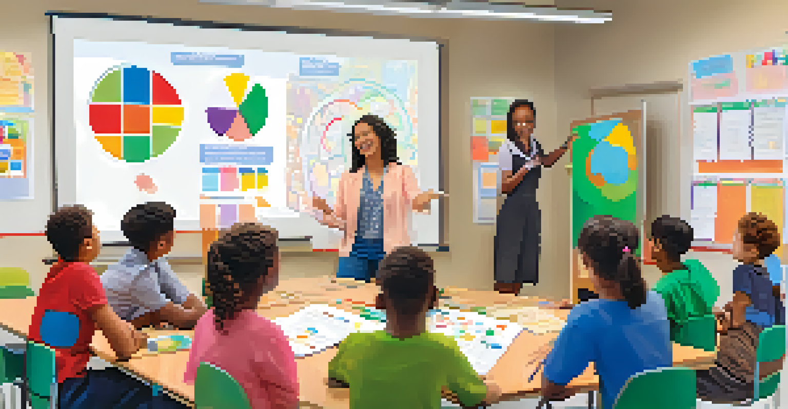 An educator facilitating a discussion with students in a colorful classroom, with charts and a whiteboard.