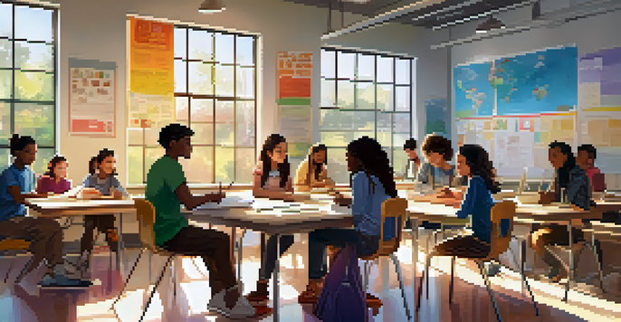 A vibrant classroom scene with diverse students collaborating at a table, illuminated by sunlight.