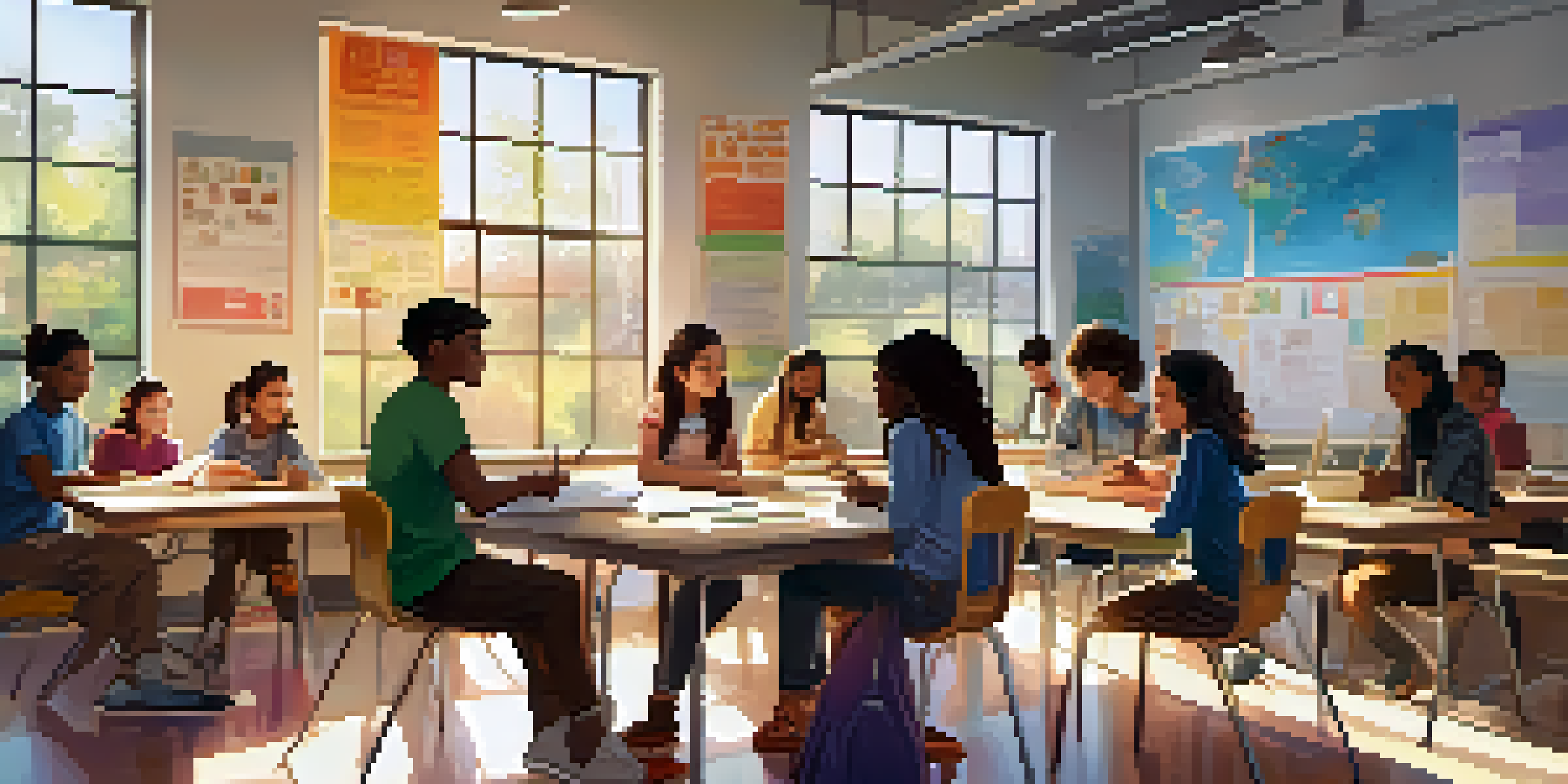 A vibrant classroom scene with diverse students collaborating at a table, illuminated by sunlight.