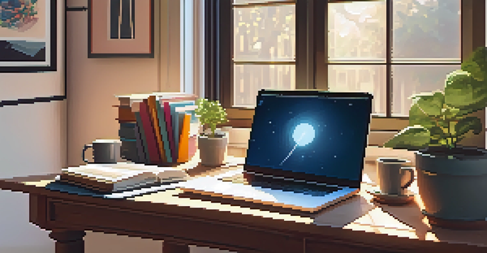 A cozy workspace with a laptop, plants, and books, illuminated by sunlight.