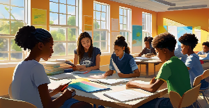 A diverse group of students collaborating in a bright classroom, working on a project with laptops and a whiteboard.