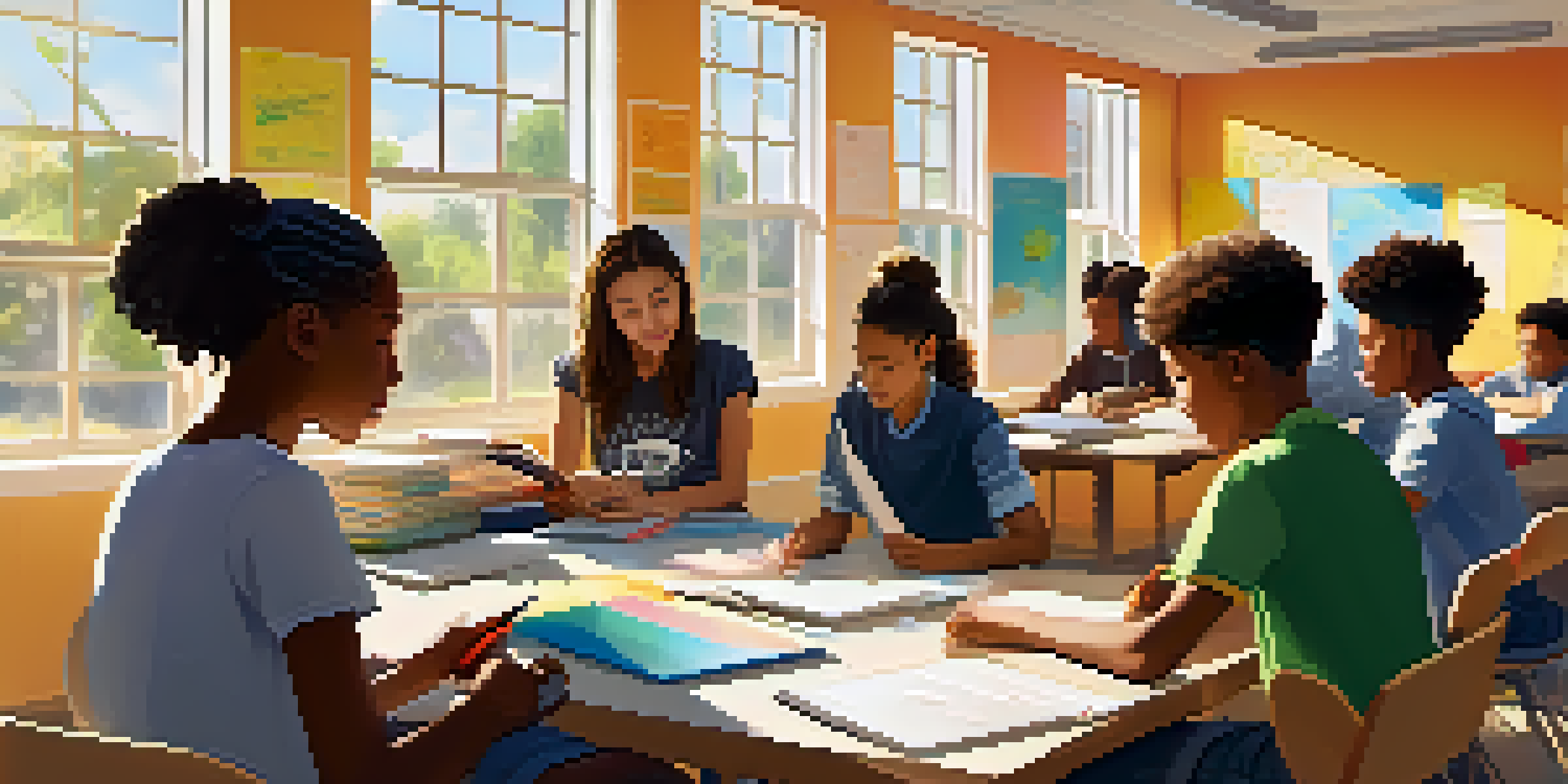 A diverse group of students collaborating in a bright classroom, working on a project with laptops and a whiteboard.