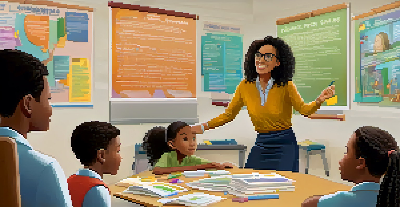 A teacher assisting a group of students at a round table, surrounded by educational resources, in a supportive and collaborative learning environment.
