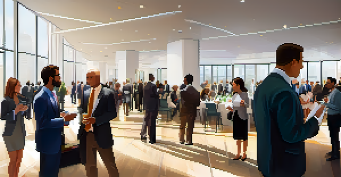 A vibrant networking event with attendees in business attire engaged in discussions, exchanging business cards, and enjoying refreshments in a well-lit conference hall.