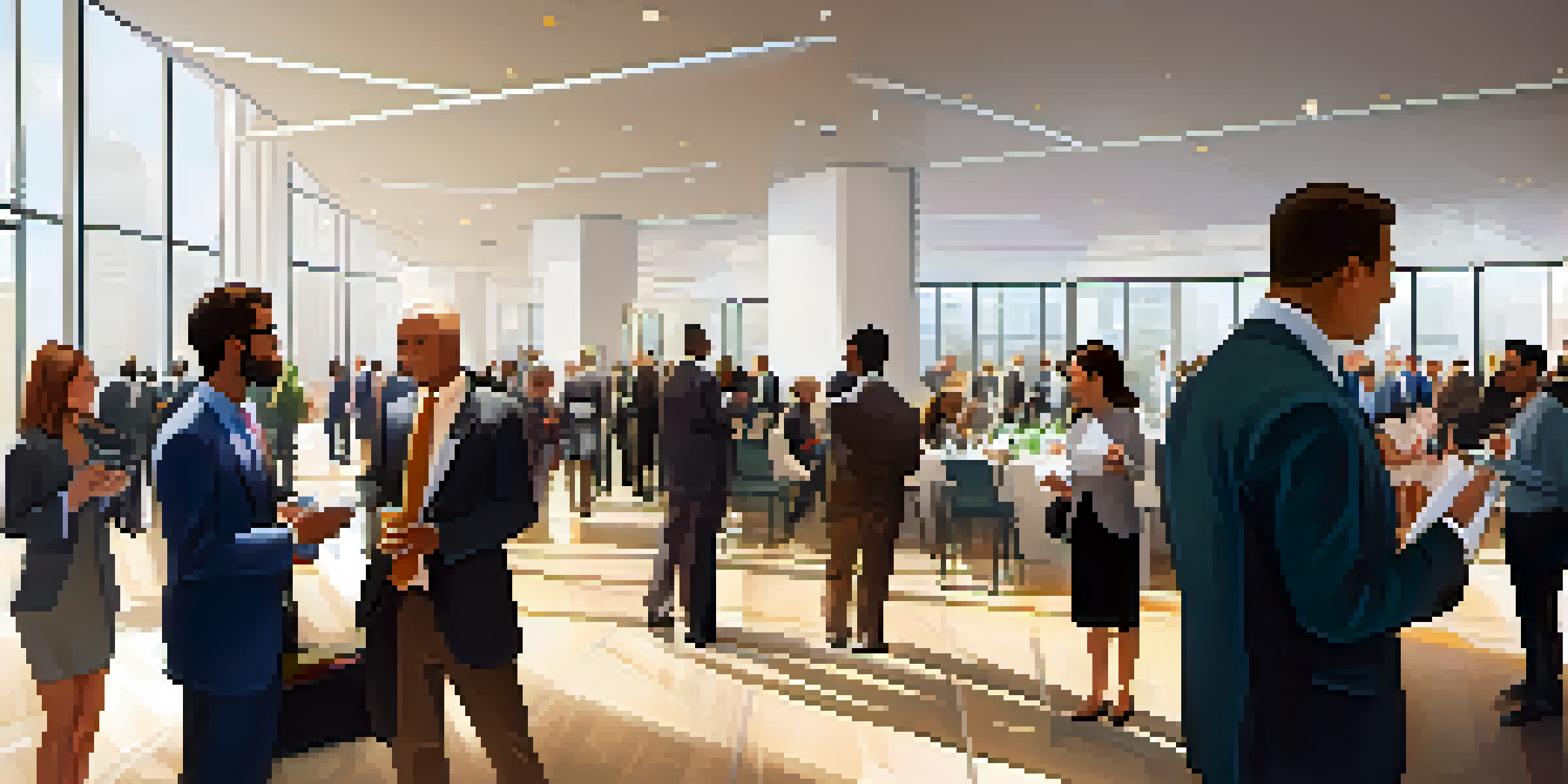A vibrant networking event with attendees in business attire engaged in discussions, exchanging business cards, and enjoying refreshments in a well-lit conference hall.