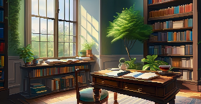 A cozy study area with a wooden desk, an open journal, a cup of tea, and bookshelves filled with colorful books, bathed in soft sunlight.