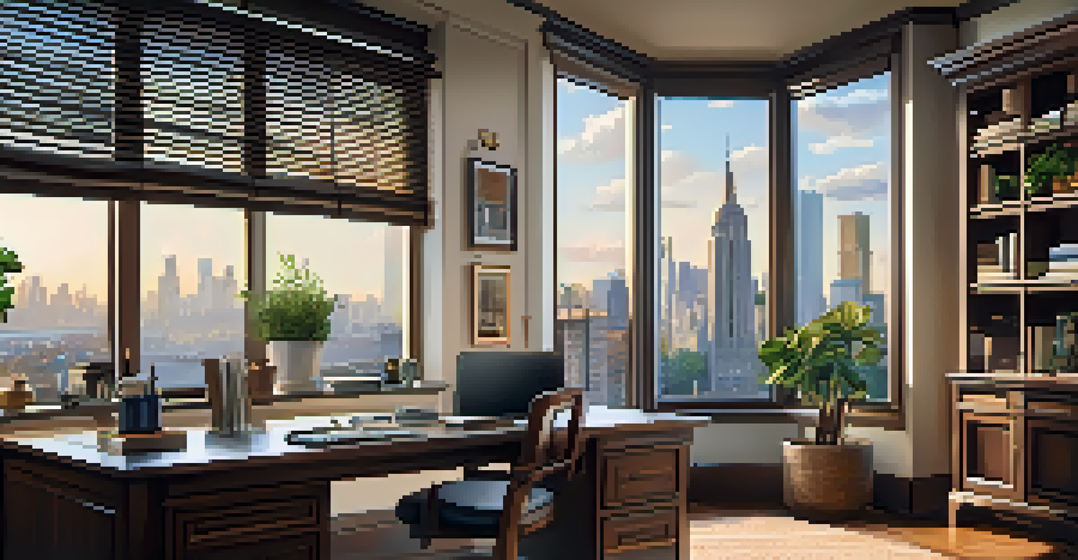 A stylish home office with a wooden desk, an open laptop displaying financial graphs, and a city skyline view through the window, filled with natural light.