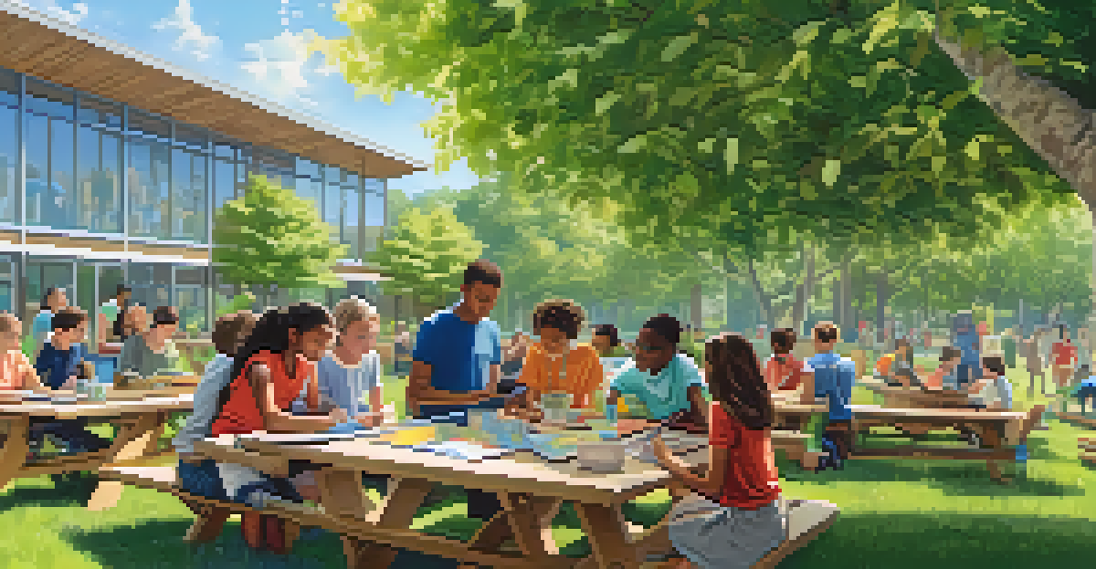 Students collaborating outdoors at a picnic table, using tablets for a STEM project amidst lush greenery and bright flowers.