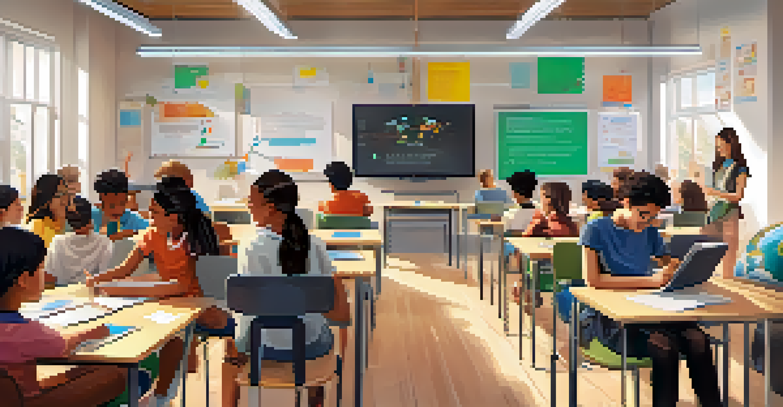 A vibrant classroom with diverse students engaged in a microlearning session using tablets and interactive screens.