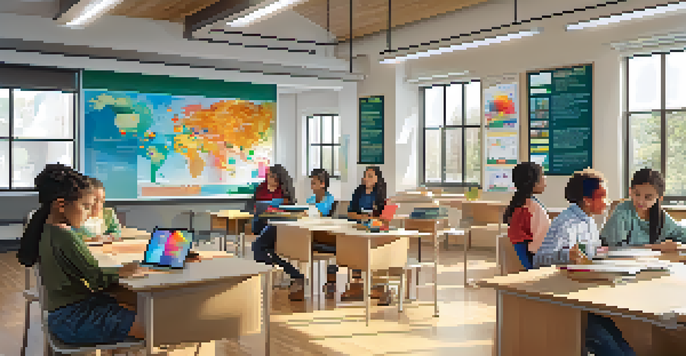 A vibrant classroom with diverse students actively learning, AI displays showing performance analytics, and colorful educational materials.